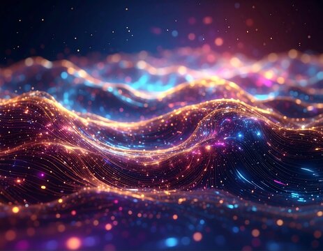 Abstract depiction of glowing energy waves in a digital landscape