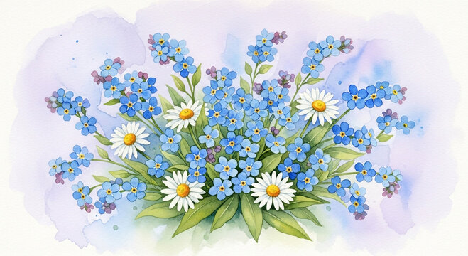 Watercolor painting of forget-me-nots and daisies with green leaves. - Powered by Adobe