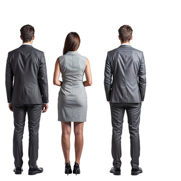 Three business professionals standing together facing away isolated on transparent background