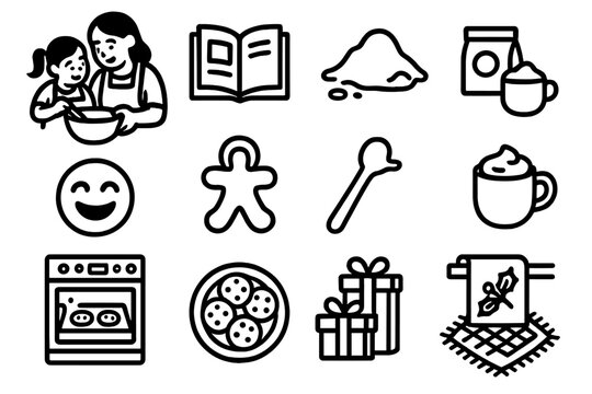 Family Baking Icons. Family Baking Day outline icon set: mother and child, recipe book, flour spill, laughter icon, cookie cutter, hot cocoa, oven light, mixing spoon, plate of