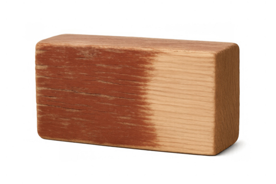 Wood block half stained, demonstrating timber finishing process and new look transformation, transparent background