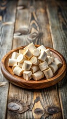 wooden plate with marshmallow root slices on rustic surface