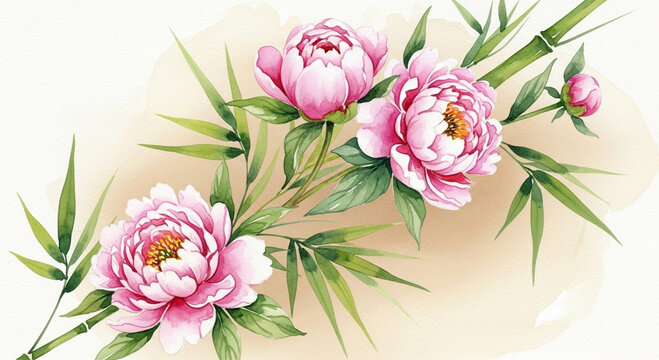 A beautiful watercolor illustration of pink peony flowers intertwined with green bamboo stalks and leaves.