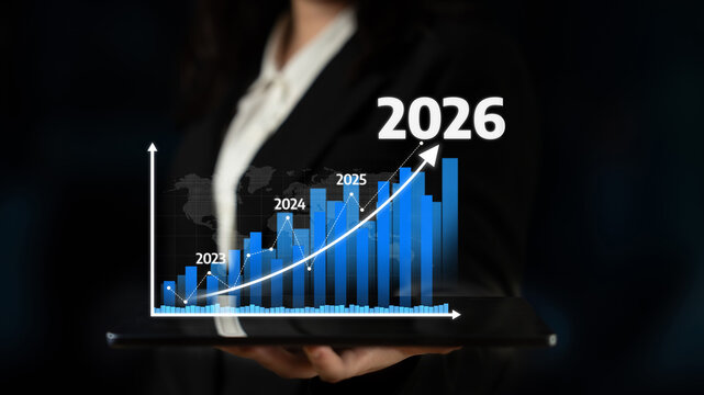 A professional business growth chart displayed on a tablet, showing projections from 2023 to 2026. The vibrant blue against a dark background emphasizes future success and analytics. Tessel