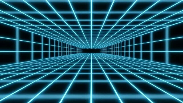 Neon Grid Tunnel Perspective Futuristic Abstract Background Glowing Blue Lines Infinite Digital