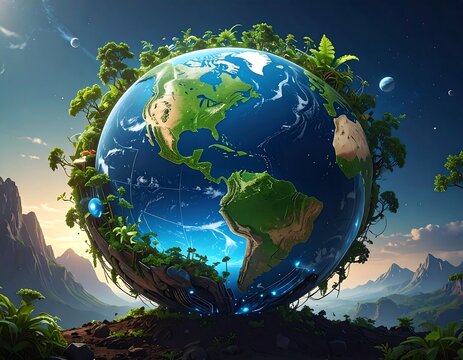 Animated Earth globe encircled by vegetation and surrounded by landscape