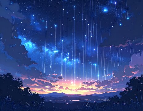 Anime-style sunset over city silhouette with falling star trails - Powered by Adobe
