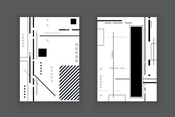 Flat black and white shapes art elements abstract transparent geometric background template banner.