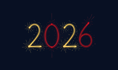 Happy New Year 2026 fireworks sparkler celebration glowing numbers on dark blue background
