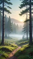 Serene Forest Path Bathed in Golden Sunrise Light