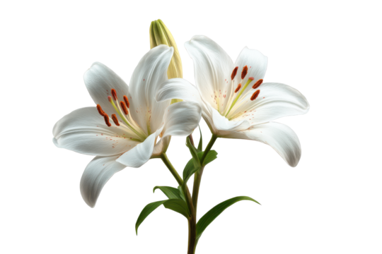Two white lilies with orange stamens and green stems on black background lily flower, Png, Isolated on Transparent Background, Cut Out - Powered by Adobe