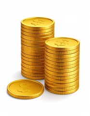 Stacked shiny gold coins, one separate, on white ground