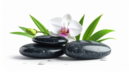 A serene composition featuring smooth black stones, a delicate orchid, and fresh green leaves.