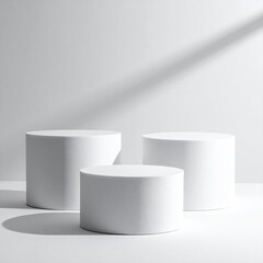 Three white cylinder platforms, minimalistic, light shaft