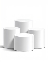 Four white cylinder platforms, staggered, on white background