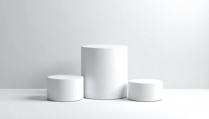 Three white cylinders on a white surface, simple backdrop