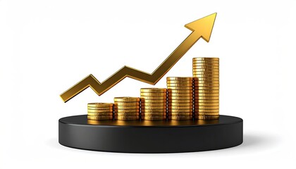 Coins stack upwards with golden arrow; growth shown