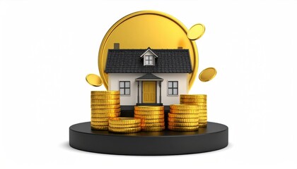 House model with gold coins on a black display