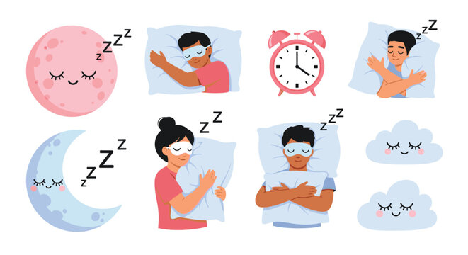 Various cartoon illustrations depicting a good night's sleep with people resting comfortably, a sleepy moon, an alarm clock, and soft clouds.