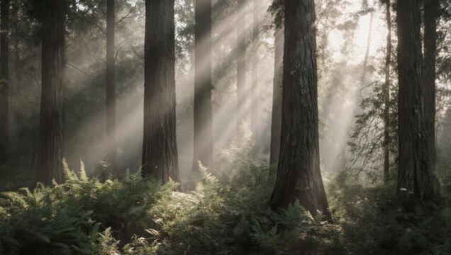 Sunlight streams through misty forest