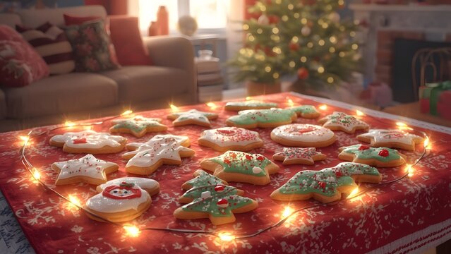 Festive christmas cookies with decorative lights and christmas tree background