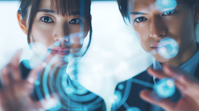 Japanese Business Team Collaborating with Futuristic Digital Interface
