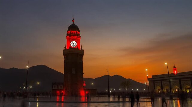 ime-lapse of the iconic Makkah Clock Tower (Abraj Al-Bait) at sunrise, featuring the vibrant silhouette against an orange and red sky.