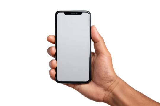 Hand holding a black smartphone with a blank white screen against a black background mobile 2, Png, Isolated on Transparent Background, Cut Out