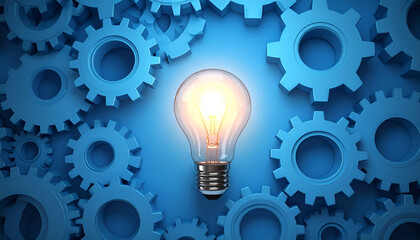 Glowing light bulb among blue gears symbolizing innovation, creativity, and smart engineering solutions.