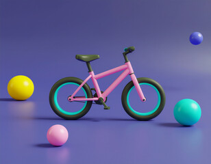 3D Render of Pink Bicycle with Teal Rims on Purple Background and Colorful Spheres – AI Generated