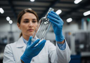 Female quality control inspector examining glass bottle — factory setting, lab coat and gloves, production standards