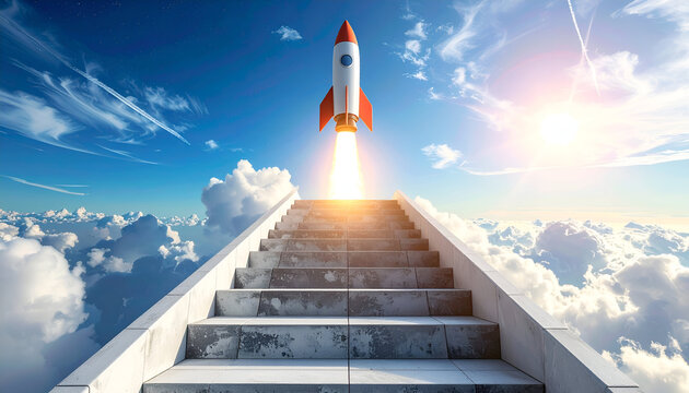 Futuristic rocket taking off from staircase with sunlight and clouds representing growth and inspiration.