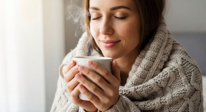 Warm drink at home — content woman holding coffee mug, cozy attire, morning comfort theme