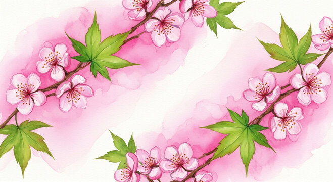 Watercolor illustration of blooming cherry blossom branches with pink flowers and green leaves.
