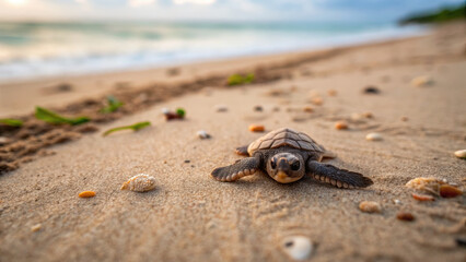 Sea turtle hatchling on sandy beach biodiversity conservation habitat climate action inspiring journey