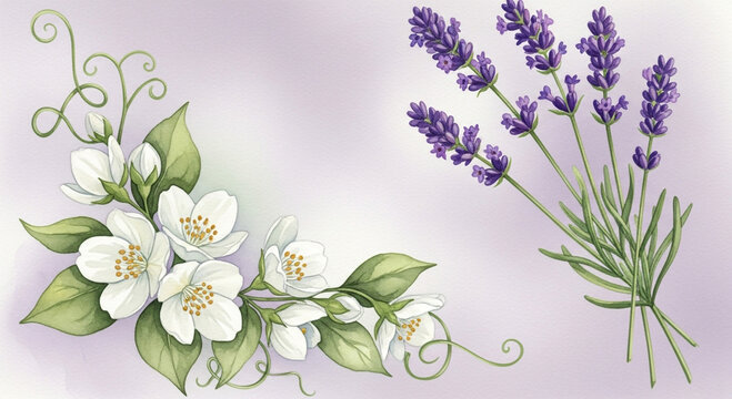 A beautiful watercolor illustration of white jasmine blossoms and a bouquet of purple lavender sprigs.