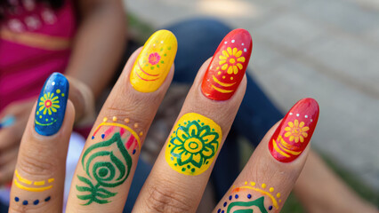 Family time weekend tradition colorful hand painted nails with floral henna inspired designs and joyful mood