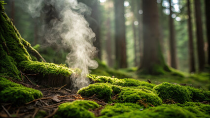 Moss forest steam renewable energy geothermal storage calm nature scene inspiring
