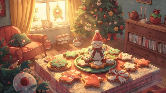 Festive Christmas scene with gingerbread cookies and decorations indoors - Powered by Adobe