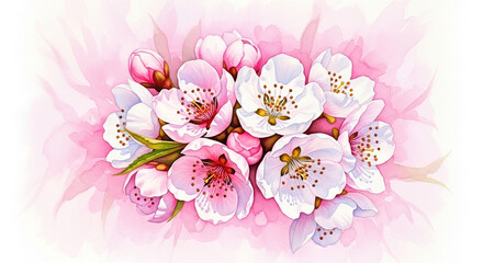 A delicate watercolor illustration of a blooming cherry blossom branch with soft pink and white flowers.