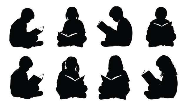 Children reading book silhouettes isolated on white background, Vector