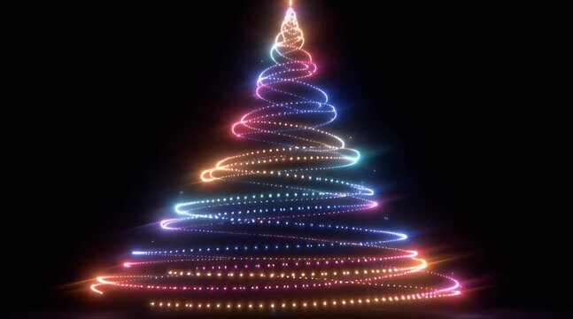 Neon Light Christmas, Abstract Neon Light Trail Christmas Tree Spinning on Black Background, christmas tree made of lights, VJ loop, light particles