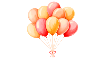 A vibrant bunch of colorful helium balloons in shades of pink and orange floating upwards isolated on transparent background