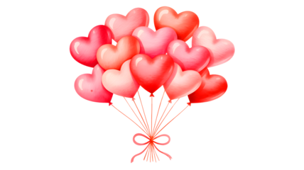 A beautiful bouquet of pink and red heart shaped balloons tied with a ribbon isolated on transparent background