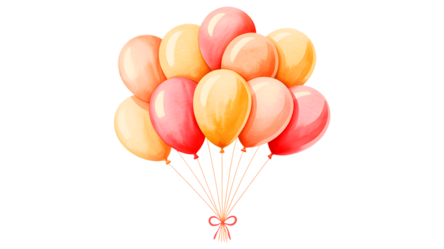 A vibrant bunch of colorful helium balloons in shades of pink and orange floating upwards isolated on transparent background