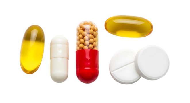 Yellow and white pills and capsules isolated on a transparent background