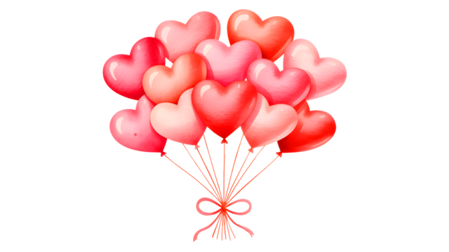 A beautiful bouquet of pink and red heart shaped balloons tied with a ribbon isolated on transparent background