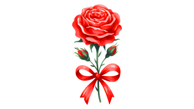 A vibrant red rose with buds and a satin bow presented as a single floral element isolated on transparent background
