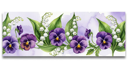 Floral border with purple pansies and white lily of the valley.