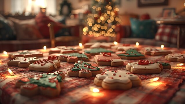 Festive christmas sugar cookies arranged on a red and white tablecloth